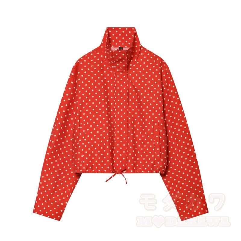 Polka Dot Stand Collar Cropped Jacket And Shorts Two Pieces Set - Red Coat - L - image 2