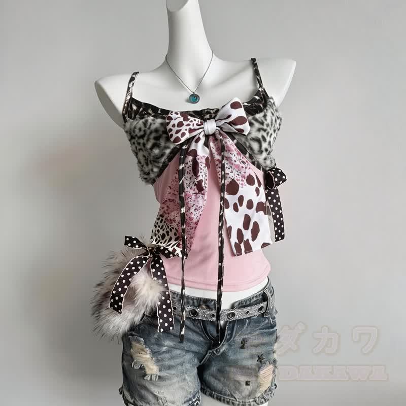 Y2k Leopard Print Bow Spliced Cami Top - image 4