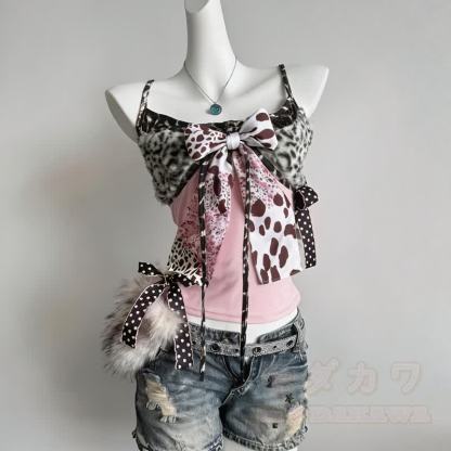 Y2k Leopard Print Bow Spliced Cami Top - image 4