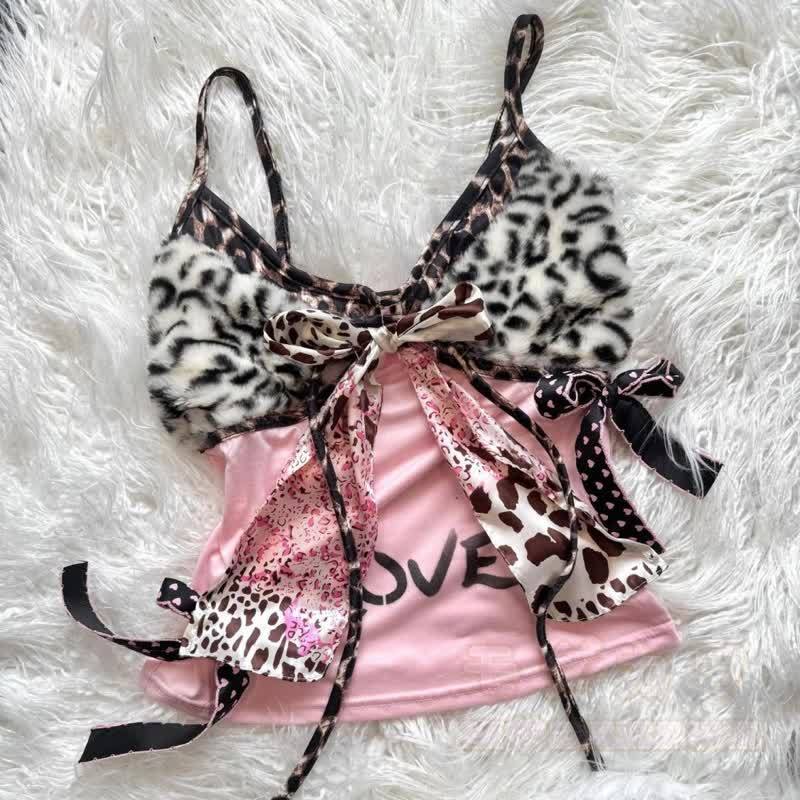 Y2k Leopard Print Bow Spliced Cami Top - image 3