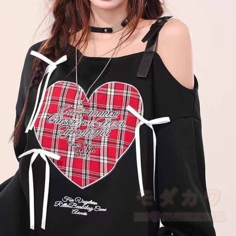 Heart Plaid Print Bow Off Shoulder Long Sleeve Sweatshirt - image 4