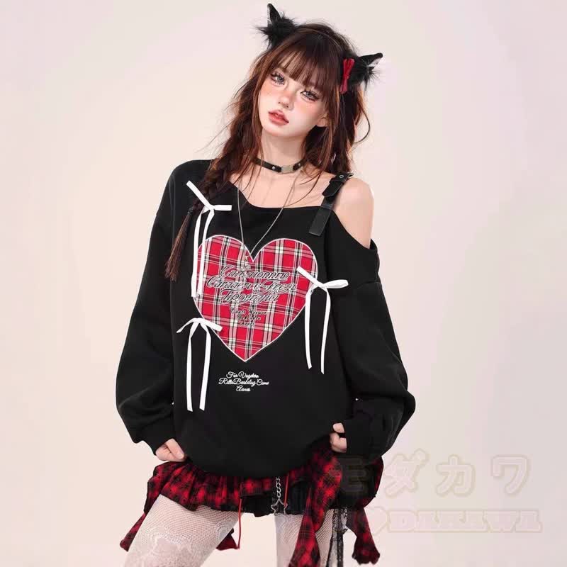 Heart Plaid Print Bow Off Shoulder Long Sleeve Sweatshirt - image 3