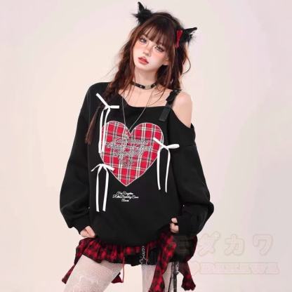 Heart Plaid Print Bow Off Shoulder Long Sleeve Sweatshirt - image 3