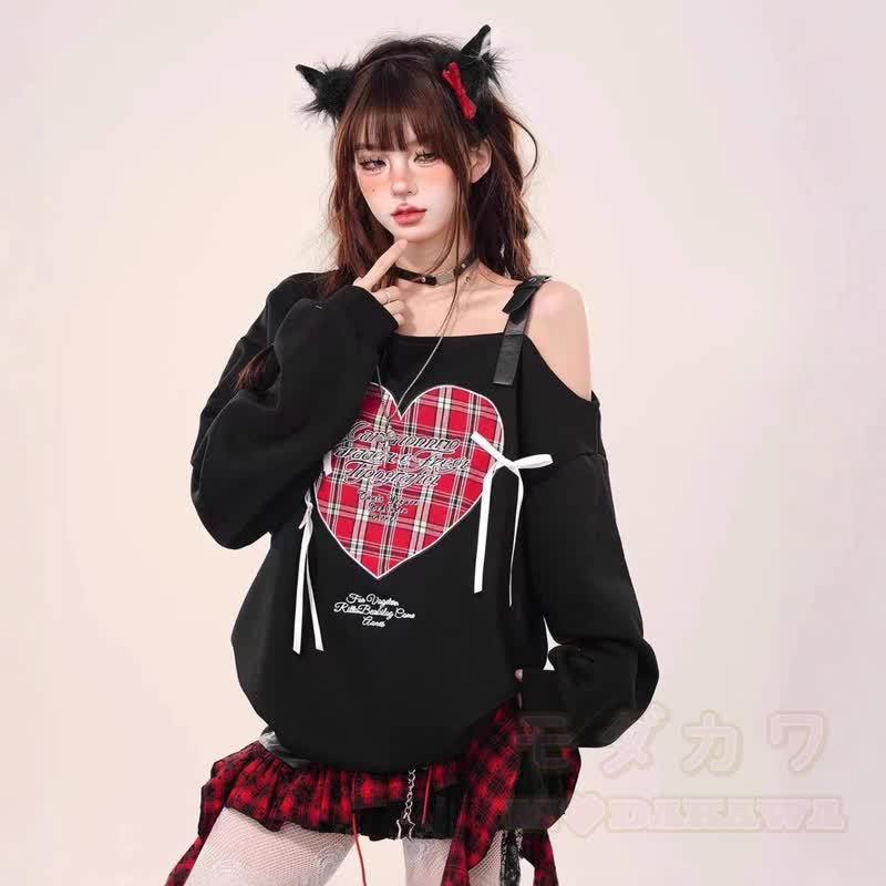 Heart Plaid Print Bow Off Shoulder Long Sleeve Sweatshirt - image 2