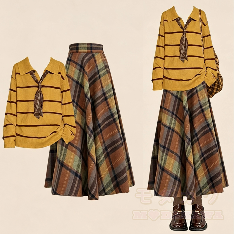 Vintage Striped Tie Knit Sweater Plaid Skirt Two Pieces Set - Set - 4XL - image 1