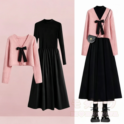 Elegent Bow Knit Crop Cardigan Long Sleeve Swing Dress Two Pieces Set - Pink Set - 3XL - image 1