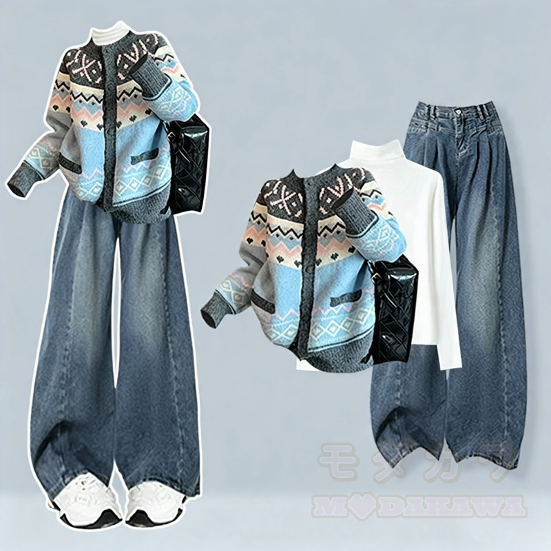 Casual Retro Knit Cardigan And Wide Leg Jeans Two Pieces Set - Set - 4XL - image 1