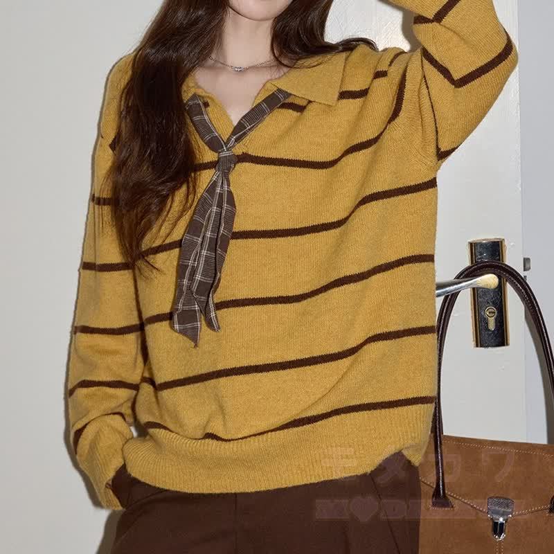 Vintage Striped Tie Knit Sweater Plaid Skirt Two Pieces Set - image 2