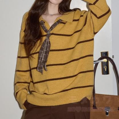 Vintage Striped Tie Knit Sweater Plaid Skirt Two Pieces Set - image 2