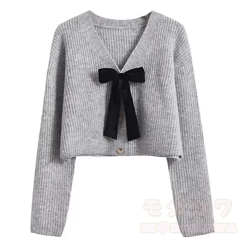 Elegent Bow Knit Crop Cardigan Long Sleeve Swing Dress Two Pieces Set - Grey Cardigan - 3XL - image 5