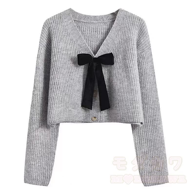 Elegent Bow Knit Crop Cardigan Long Sleeve Swing Dress Two Pieces Set - Grey Cardigan - 3XL - image 5