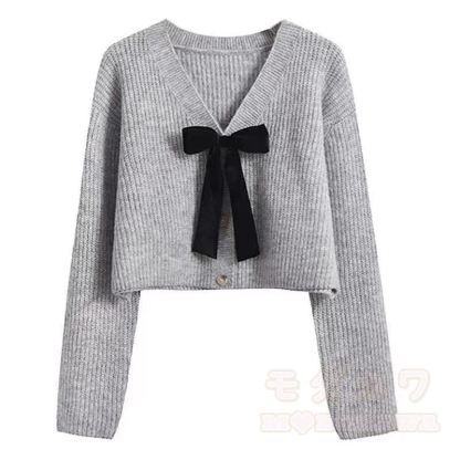 Elegent Bow Knit Crop Cardigan Long Sleeve Swing Dress Two Pieces Set - Grey Cardigan - 3XL - image 5