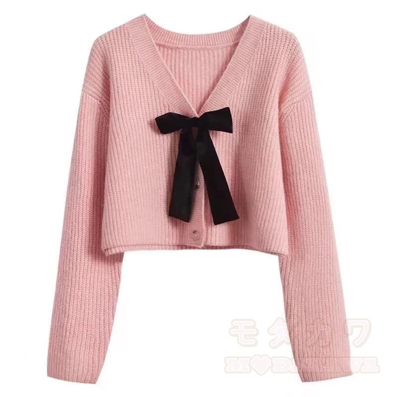 Elegent Bow Knit Crop Cardigan Long Sleeve Swing Dress Two Pieces Set - Pink Cardigan - 3XL - image 4