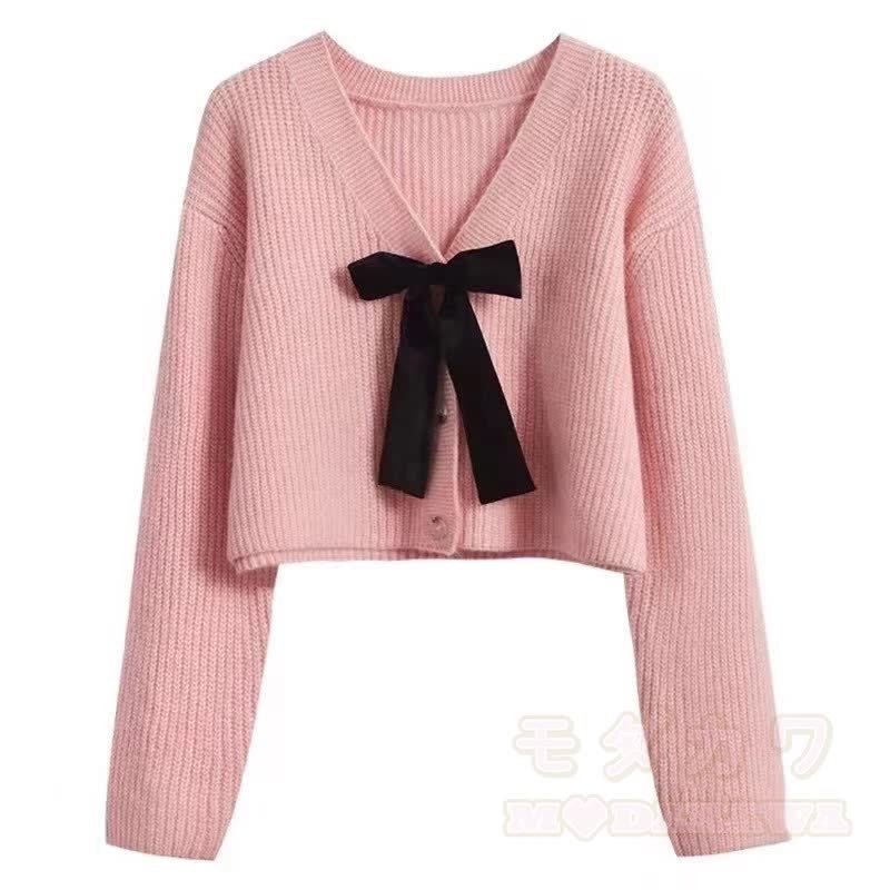 Elegent Bow Knit Crop Cardigan Long Sleeve Swing Dress Two Pieces Set - Pink Cardigan - 3XL - image 4