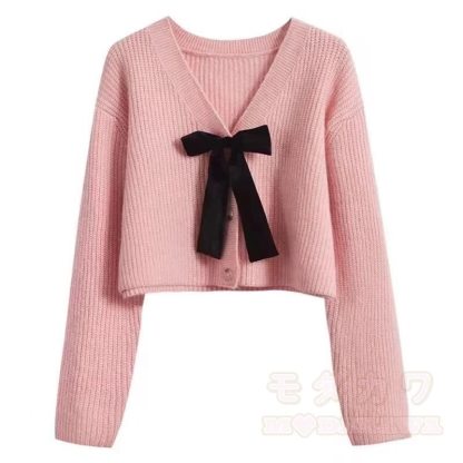 Elegent Bow Knit Crop Cardigan Long Sleeve Swing Dress Two Pieces Set - Pink Cardigan - 3XL - image 4