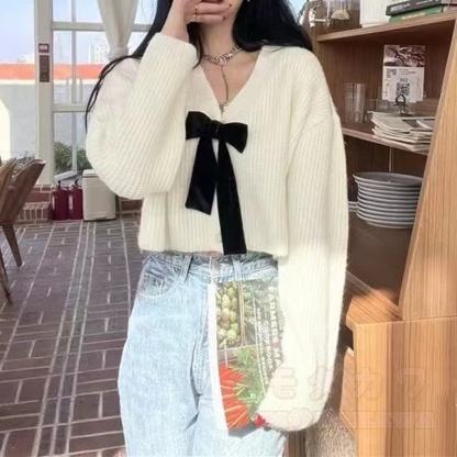 Elegent Bow Knit Crop Cardigan Long Sleeve Swing Dress Two Pieces Set - Beige Cardigan - 3XL - image 6