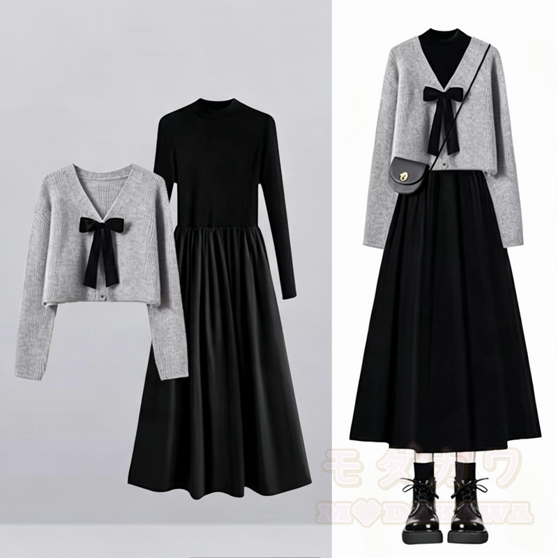 Elegent Bow Knit Crop Cardigan Long Sleeve Swing Dress Two Pieces Set - Grey Set - 3XL - image 2