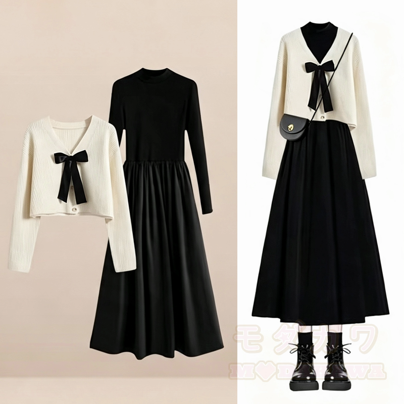Elegent Bow Knit Crop Cardigan Long Sleeve Swing Dress Two Pieces Set - Beige Set - 3XL - image 3