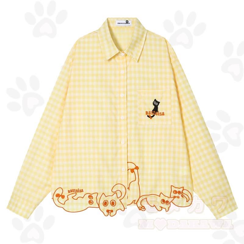 High Quality Cat Embroidery Plaid Long Sleeve Loose Shirt - Yellow - XL - image 1