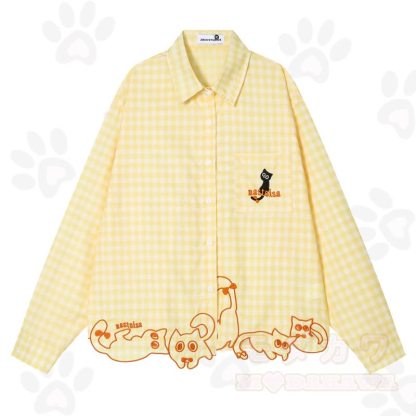 High Quality Cat Embroidery Plaid Long Sleeve Loose Shirt - Yellow - XL - image 1