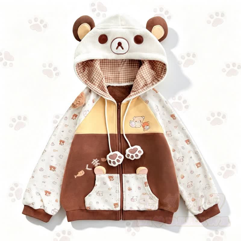 Kawaii Color Block Bear Ear Zip Up Hooded Sweatshirt - Beige - L - image 1
