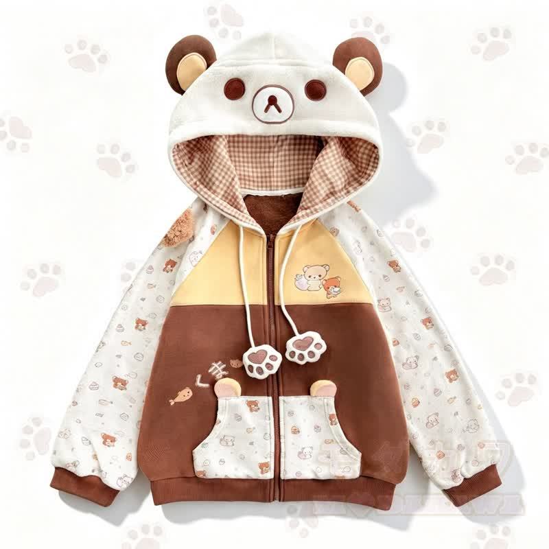Kawaii Color Block Bear Ear Zip Up Hooded Sweatshirt - Beige - L - image 1