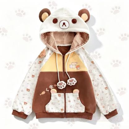 Kawaii Color Block Bear Ear Zip Up Hooded Sweatshirt - Beige - L - image 1