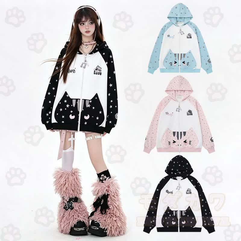 High Quality Durable Press Star Print Cat Embroidery Zip Up Hooded Sweatshirt - image 1