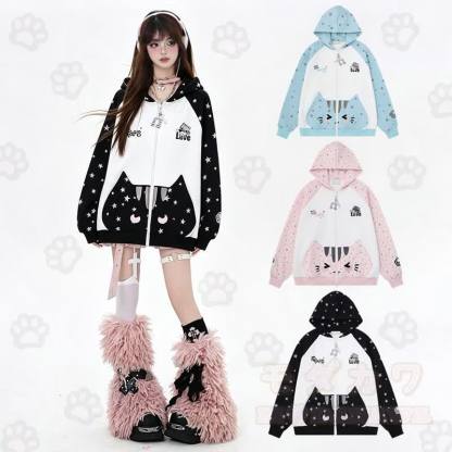 High Quality Durable Press Star Print Cat Embroidery Zip Up Hooded Sweatshirt - image 1