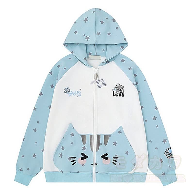 High Quality Durable Press Star Print Cat Embroidery Zip Up Hooded Sweatshirt - Blue - XL - image 3