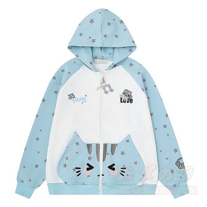 High Quality Durable Press Star Print Cat Embroidery Zip Up Hooded Sweatshirt - Blue - XL - image 3