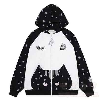 High Quality Durable Press Star Print Cat Embroidery Zip Up Hooded Sweatshirt - Black - XL - image 2