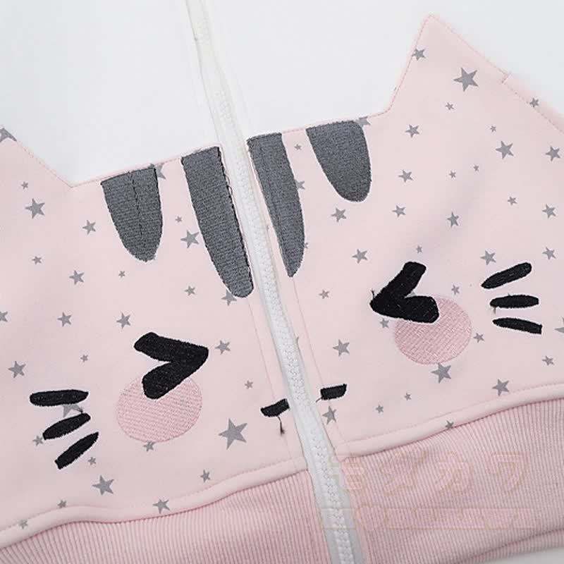 High Quality Durable Press Star Print Cat Embroidery Zip Up Hooded Sweatshirt - image 8