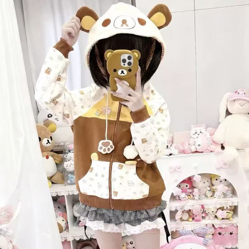 Kawaii Color Block Bear Ear Zip Up Hooded Sweatshirt - image 2