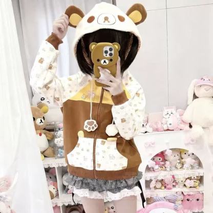 Kawaii Color Block Bear Ear Zip Up Hooded Sweatshirt - image 2