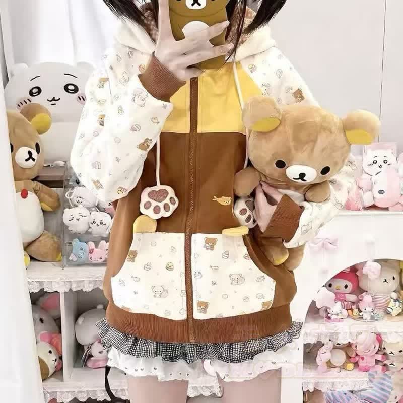 Kawaii Color Block Bear Ear Zip Up Hooded Sweatshirt - image 3