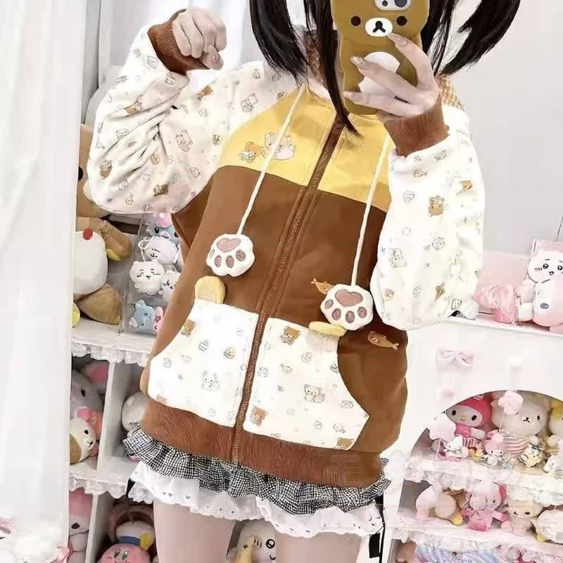 Kawaii Color Block Bear Ear Zip Up Hooded Sweatshirt - image 4