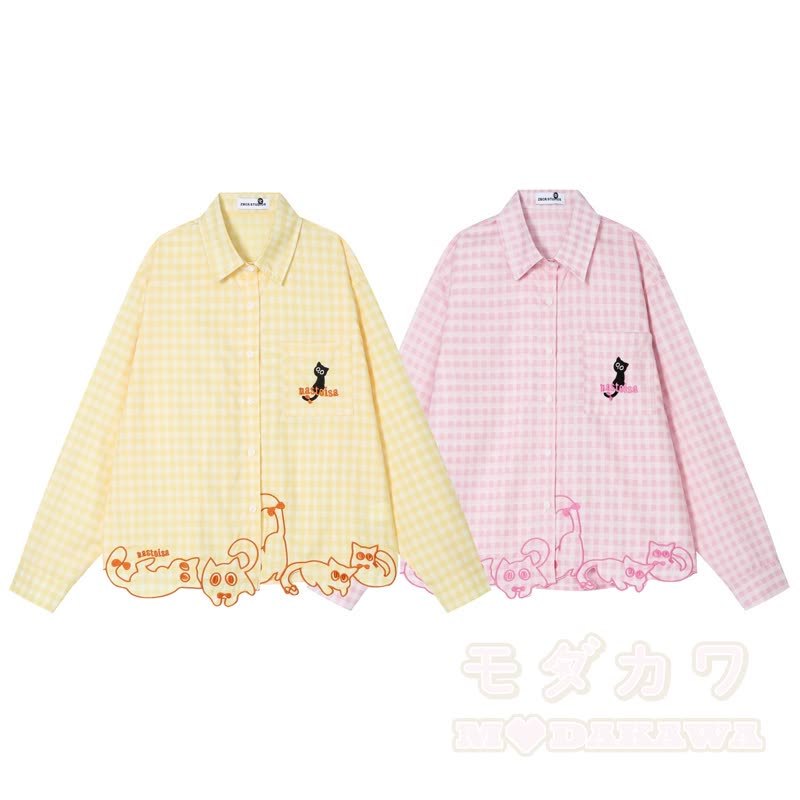 High Quality Cat Embroidery Plaid Long Sleeve Loose Shirt - image 2