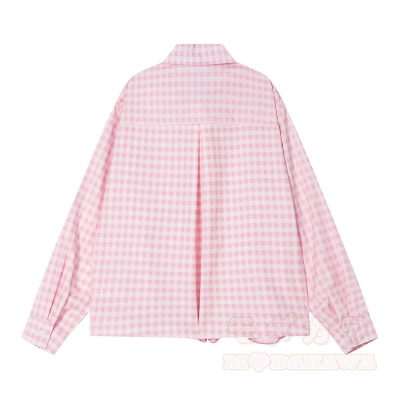 High Quality Cat Embroidery Plaid Long Sleeve Loose Shirt - image 4