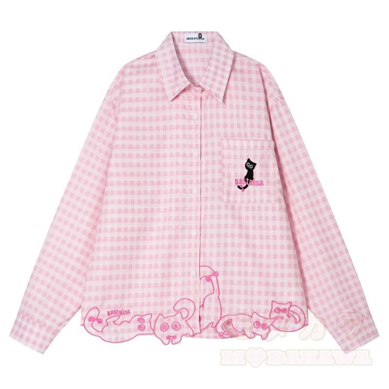 High Quality Cat Embroidery Plaid Long Sleeve Loose Shirt - Pink - XL - image 3