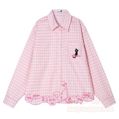 High Quality Cat Embroidery Plaid Long Sleeve Loose Shirt - Pink - XL - image 3