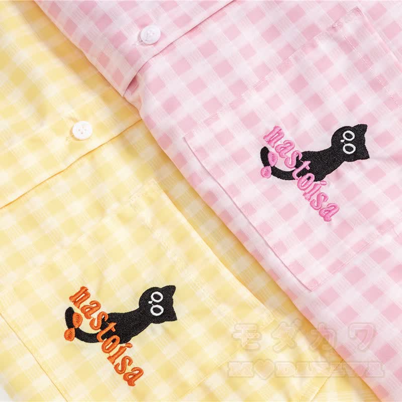 High Quality Cat Embroidery Plaid Long Sleeve Loose Shirt - image 9