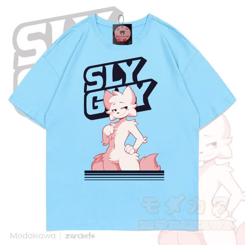 MODAKAWA X zarckets SLY GUY Cartoon Fox Graphic T-shirt - Blue - 5XL - image 5