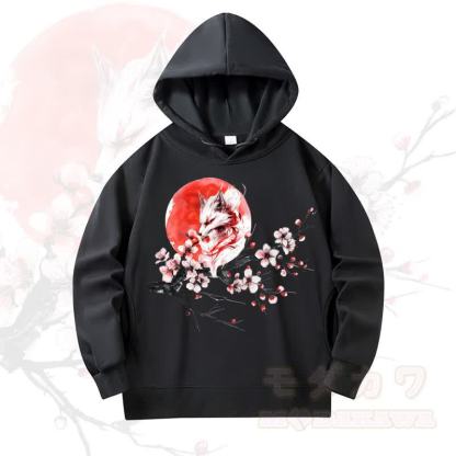 MODAKAWA Fox Cherry Blossom Print Long Sleeve Hooded Sweatshirt - Black - 4XL - image 1