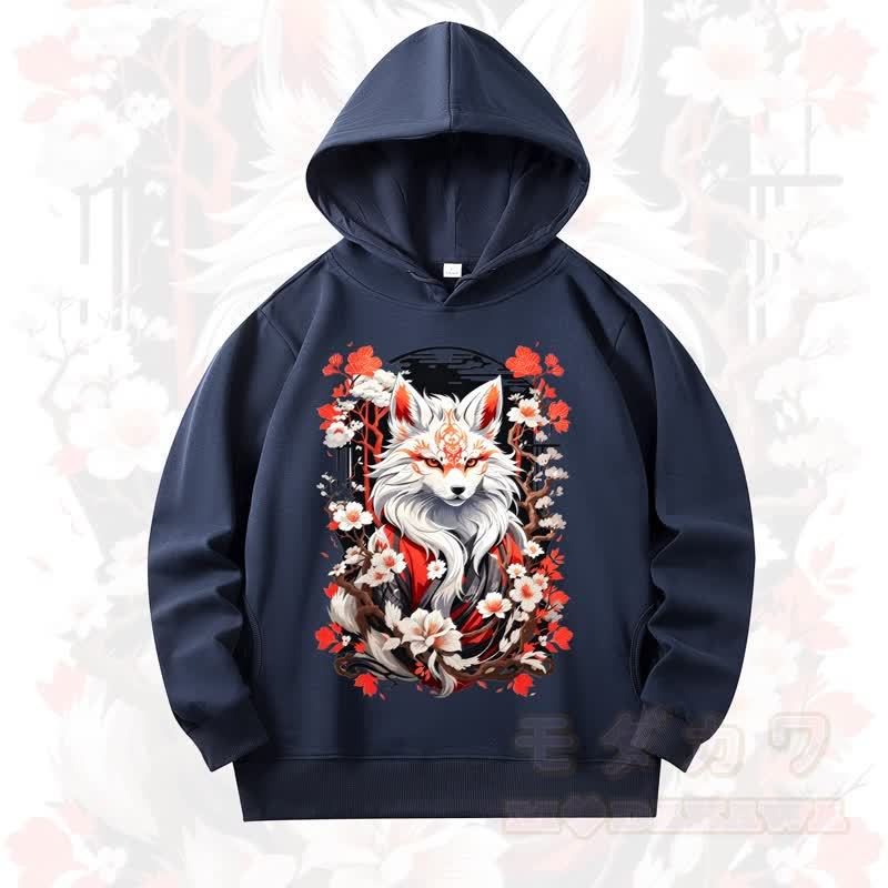 MODAKAWA Cherry Blossom Fox Print Long Sleeve Hooded Sweatshirt - Dark Blue - 4XL - image 1