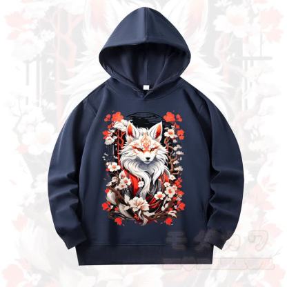 MODAKAWA Cherry Blossom Fox Print Long Sleeve Hooded Sweatshirt - Dark Blue - 4XL - image 1