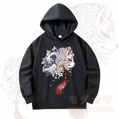 MODAKAWA Fan Fox Cherry Blossom Print Long Sleeve Hooded Sweatshirt - Black - 4XL - image 1