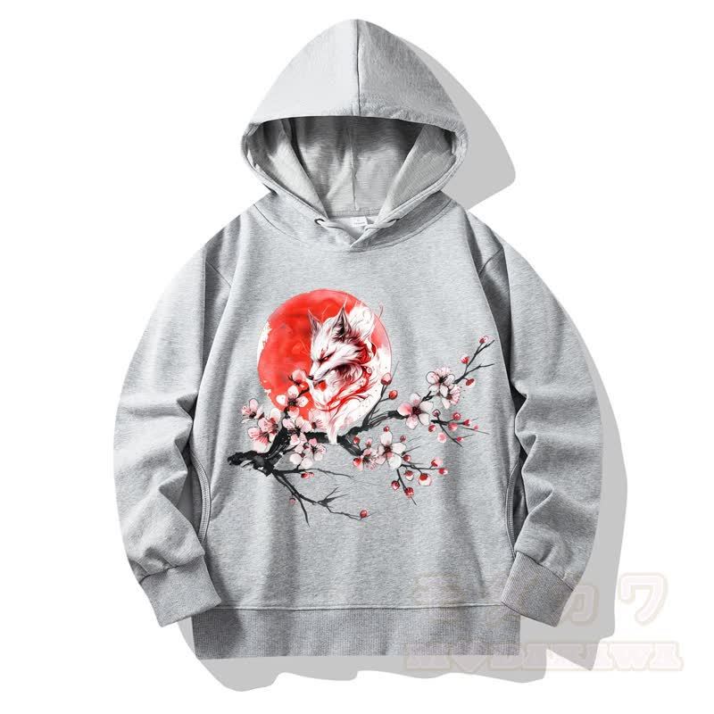 MODAKAWA Fox Cherry Blossom Print Long Sleeve Hooded Sweatshirt - Grey - 4XL - image 4