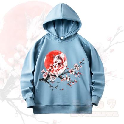 MODAKAWA Fox Cherry Blossom Print Long Sleeve Hooded Sweatshirt - Light Blue - 4XL - image 7