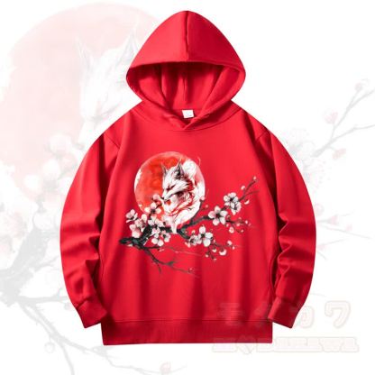 MODAKAWA Fox Cherry Blossom Print Long Sleeve Hooded Sweatshirt - Red - 4XL - image 3